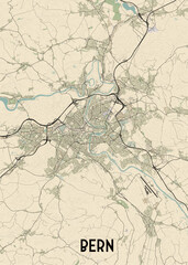 Obraz premium A detailed map of Bern, Switzerland, depicted in a minimalist style. The map features a beige background with black lines representing roads and waterways.