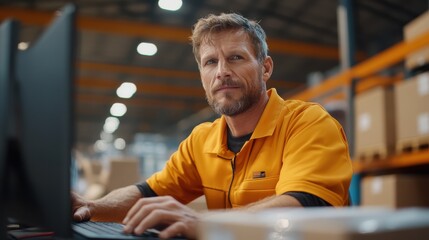 A bearded man in an orange uniform operating a desktop computer, seated in a bustling warehouse environment, highlighting the role of technology in logistics.