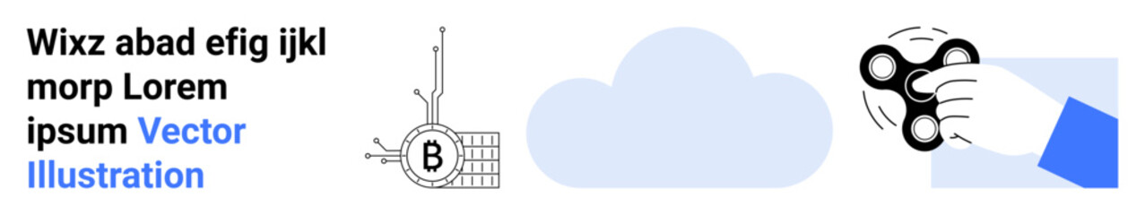 Hand gripping a fidget spinner, a blue cloud shape, and a digital circuit board. Ideal for technology, productivity, relaxation, digital innovation, tech blogs, stress relief, educational content