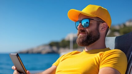 Fototapeta premium A bearded man in a yellow cap and shirt sits by the seaside, holding a tablet and enjoying a sunny day with a calm demeanor and joyful relaxation.
