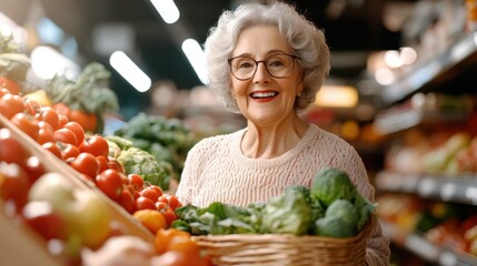 A joyful elder woman in a sweater smiles broadly, holding a wicker basket filled with leafy greens at a market, representing vitality and healthy living.