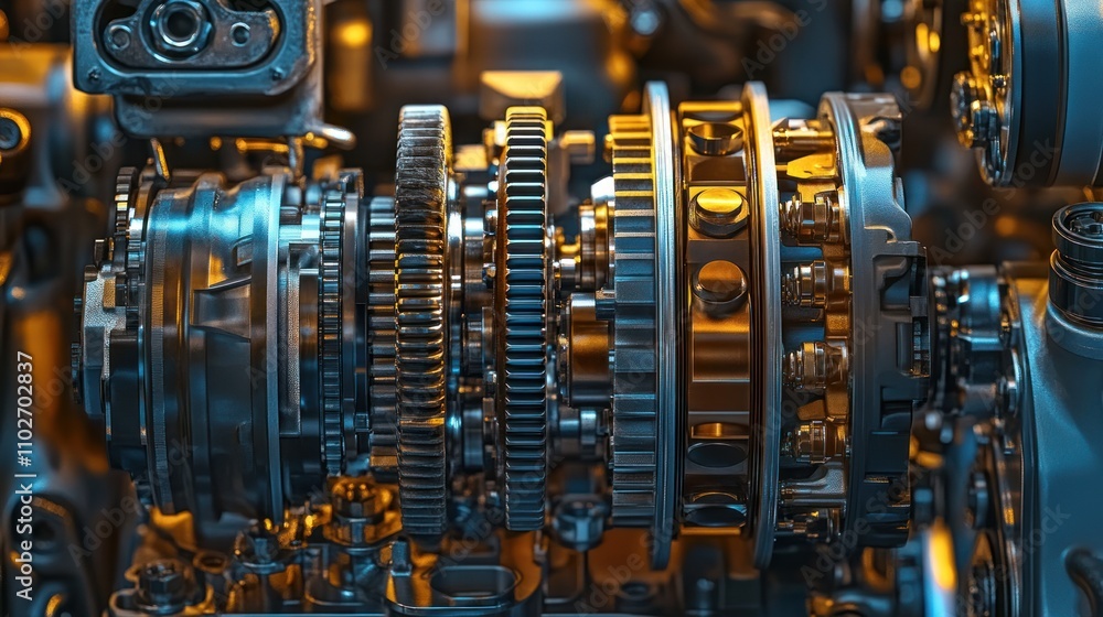 Poster close-up of intricate, complex gear mechanism, showcasing precision engineering and metallic compone