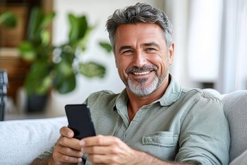 Middle aged man smiling using smartphone relaxing on couch at home in modern living room with natural light and plants