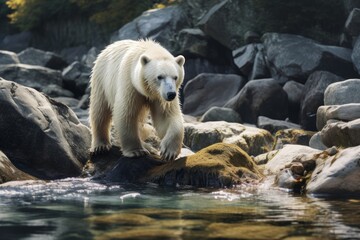 Ivory Bear Crossing Soggy Rocky Stream