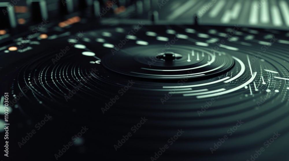 Poster a futuristic black dj turntable with intricate abstract soundwave patterns illuminated by soft light