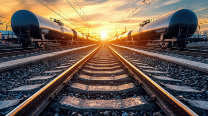 Obraz premium High resolution image of industrial black tanker cars on railway tracks at sunset, showcasing vibrant sky and reflective rails