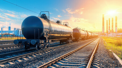 Fototapeta premium High resolution image of black tank cars on railway tracks at sunset. scene captures industrial elements with vibrant sky and distant smokestacks, evoking sense of transportation and industry