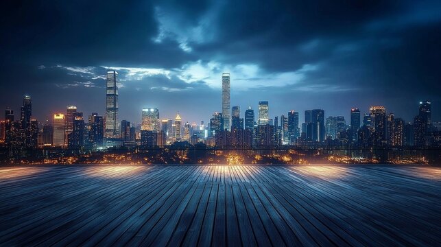 Night City Skyline Rooftop View with Skyscrapers and City Lights