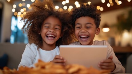 Two joyful children laugh while looking at a tablet in a warmly lit room, symbolizing the happiness and connectivity found in modern family life.