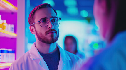 Fototapeta premium focused pharmacist in modern pharmacy, engaged in conversation with patient. vibrant lighting creates dynamic atmosphere, highlighting professionalism and care in healthcare environment