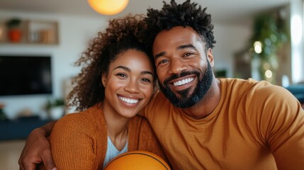 A joyful couple sits together in a modern living room, both smiling brightly with a basketball in hand, exuding warmth and a sense of connectedness.
