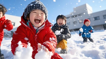 The image captures a group of children laughing and playing in snowy conditions, delighting in the freedom and joy of a fun-filled winter day outdoors.