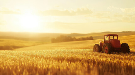 Fototapeta premium serene golden wheat field at sunset with red tractor in distance, capturing essence of rural life and agricultural beauty