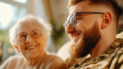 A heartwarming scene capturing joyful interaction between an elderly person and a young man, highlighting intergenerational connection and shared happiness.