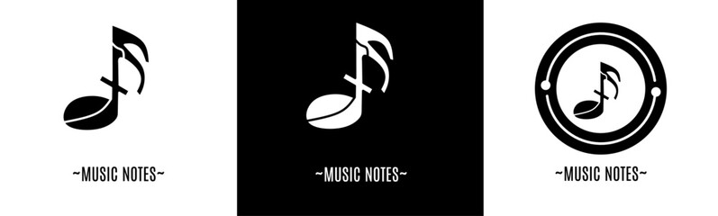 Music notes logo set. Collection of black and white logos. Stock vector.