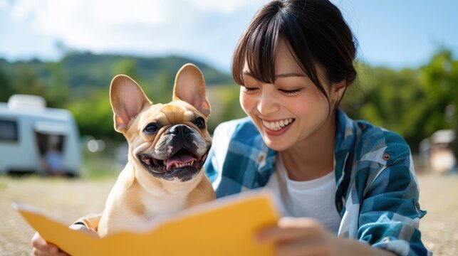 A woman with her dog enjoys the afternoon sun while reading outdoors, capturing a serene moment of companionship and relaxation in the beauty of nature's landscape.