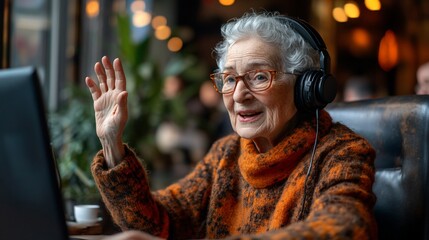 Obraz premium Here's a description following your specificationsSenior woman video chatting, smiling, waving.