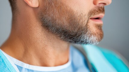 A detailed close-up of a man's well-groomed beard and jawline, wearing a blue medical gown, demonstrating attention to personal care in a clinical setting.