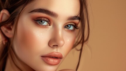 Fototapeta premium Beautiful young woman with luxury brown makeup looking at the camera, AI generated image