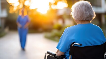 An elder in a wheelchair watches an aide walking towards them in a sunlit pathway, suggesting the themes of assistance, companionship, and hope in old age.