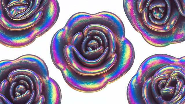 iridescent holographic clipart of a simple 3d shape in the form of rose, softy shapes, grainy, noisy, pastel rainbow colors, white background