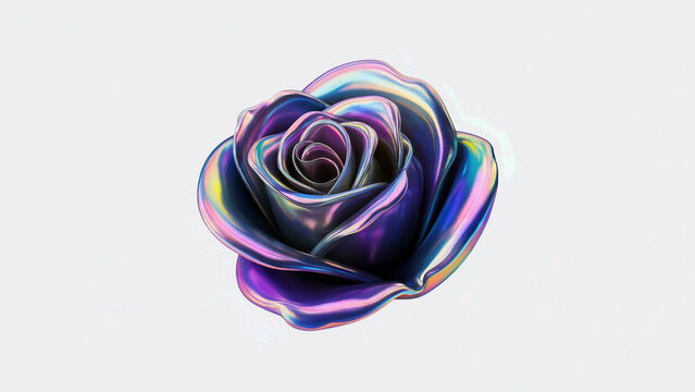 iridescent holographic clipart of a simple 3d shape in the form of rose, softy shapes, grainy, noisy, pastel rainbow colors, white background