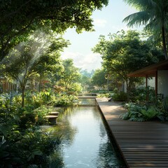 Sustainable waterway initiative ethical hydropower solution lush green environment innovative technology eco-friendly viewpoint