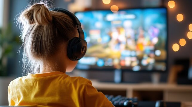 A young child wearing headphones engrossed in playing a colorful video game on a large screen, showcasing the immersive experience of digital entertainment.