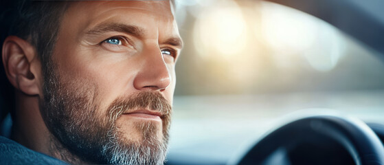 close up of focused man driving, showcasing his intense expression and sharp features. soft background highlights moment, evoking sense of determination and concentration