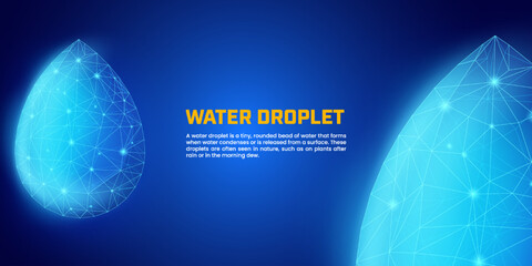 Digital water drop with low poly wireframe style in dark blue background, illustration of rain symbol particles suitable for nature-themed presentation backgrounds, and rain drops.