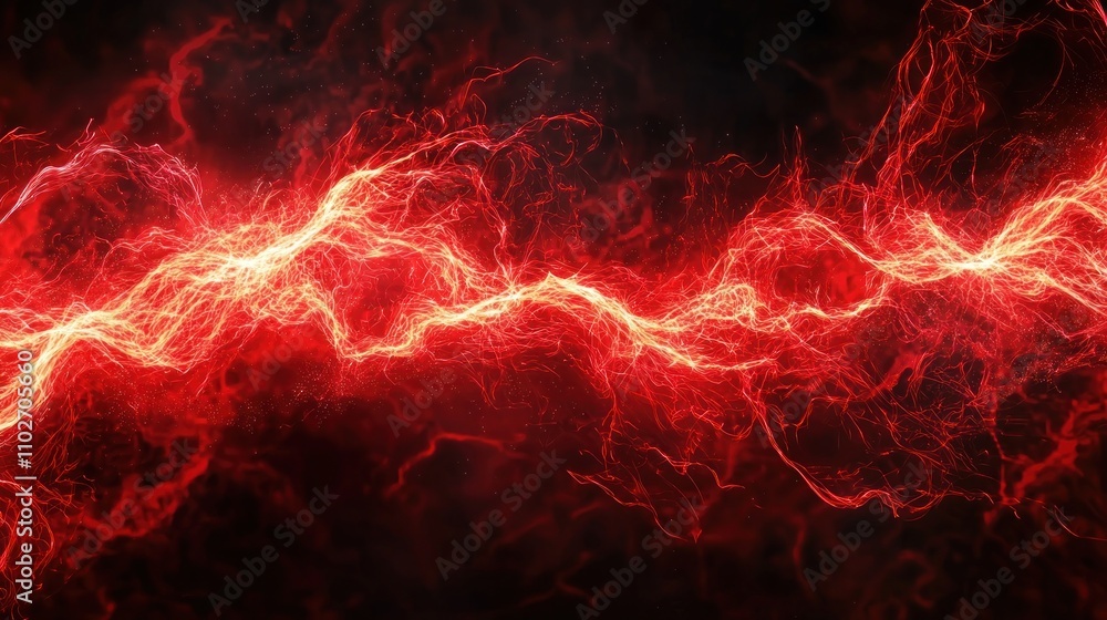 Poster bright red electric arcs and sparks flowing across a dark background, creating a powerful and intens
