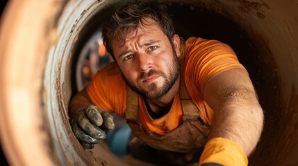 A young man covered in dirt peers inside a rusty barrel, reaching in with determination while wearing a rugged orange shirt and gloves in an industrial space.