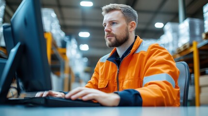 A warehouse worker wearing an orange high-visibility jacket is focused on using a computer, indicative of modern logistics and inventory management practices.