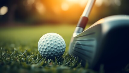 A golf club rests on a lush green fairway, poised to strike a perfectly aligned golf ball with sunlight, ready for the next swing