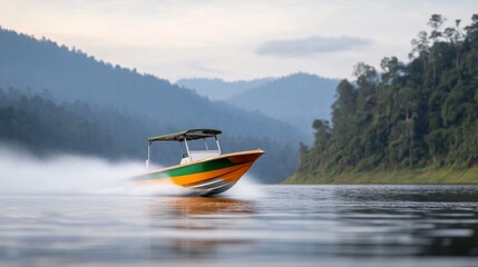 Fototapeta premium Speeding Boat on Serene Lake with Mountain View