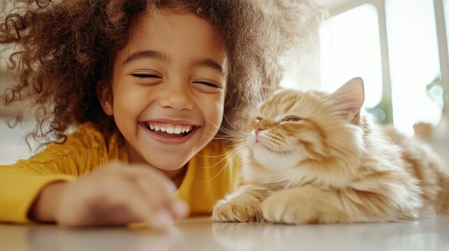 A cheerful child laughing heartily while playing with a fluffy cat in a brightly lit room, showcasing the bond and pure joy between pets and kids, exuding happiness.