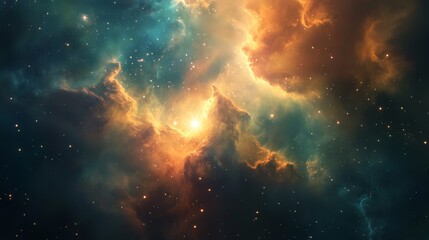 Fototapeta premium A vivid depiction of a birth within a nebula. The glowing gases and emerging stars create a dynamic and beautiful scene of stellar creation and cosmic activity.