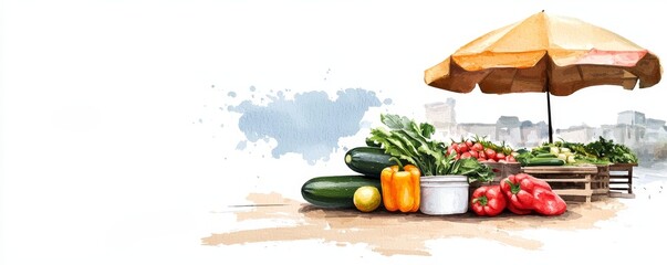 Organic retail food conceptual, Fresh vegetables displayed under a market umbrella.