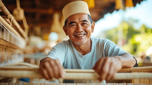 A cheerful man wearing a traditional hat weaves straw in an artisanal workshop, showcasing the joy and dedication inherent in traditional crafting methods.