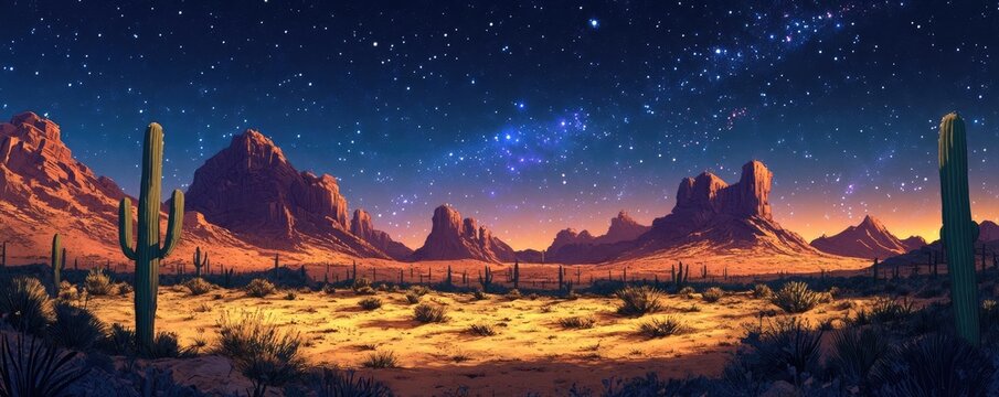 A desert landscape with tall cacti, under a clear, starry night