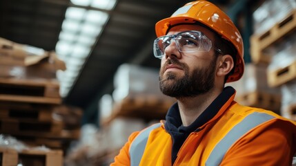 A warehouse worker wearing protective gear examines stacks of boxes, possibly strategizing logistics or inventory management in a busy industrial environment.