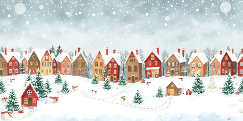 Winter city scene, Christmas village banner or greeting card, New year background