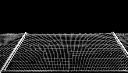 Close-up of a damaged wire fence against a stark black background.