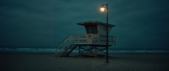 Silhouetted Lifeguard Tower Standing Sentinel on Moonlit Beach Under Starry Night Sky