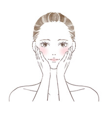 正面を見て微笑んでいる頬がピンクの水彩風女性