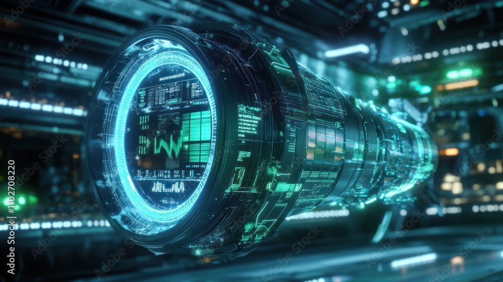 Aufkleber futuristic teal energy core with digital display in a high-tech environment.