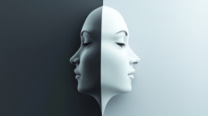 Change mind represented by two faces, one turning away from the other, showing a shift in thinking