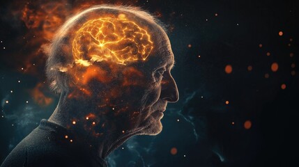 Animated Visualization of Brain Health and Mental Balance in Older Adult. Energetic Crown Chakra Flow and Thought Wave Emanation.