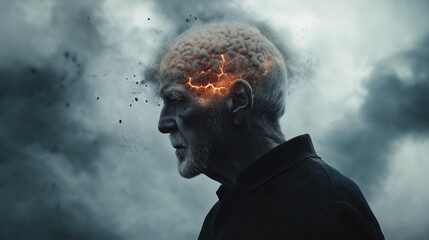  Elderly Man with Glowing Brain in Sci-Fi Cinematic Still, Exploring Brain Aging Concept