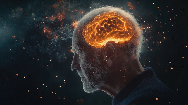 Animated Visualization of Brain Health and Mental Balance in Older Adult. Energetic Crown Chakra Flow and Thought Wave Emanation.